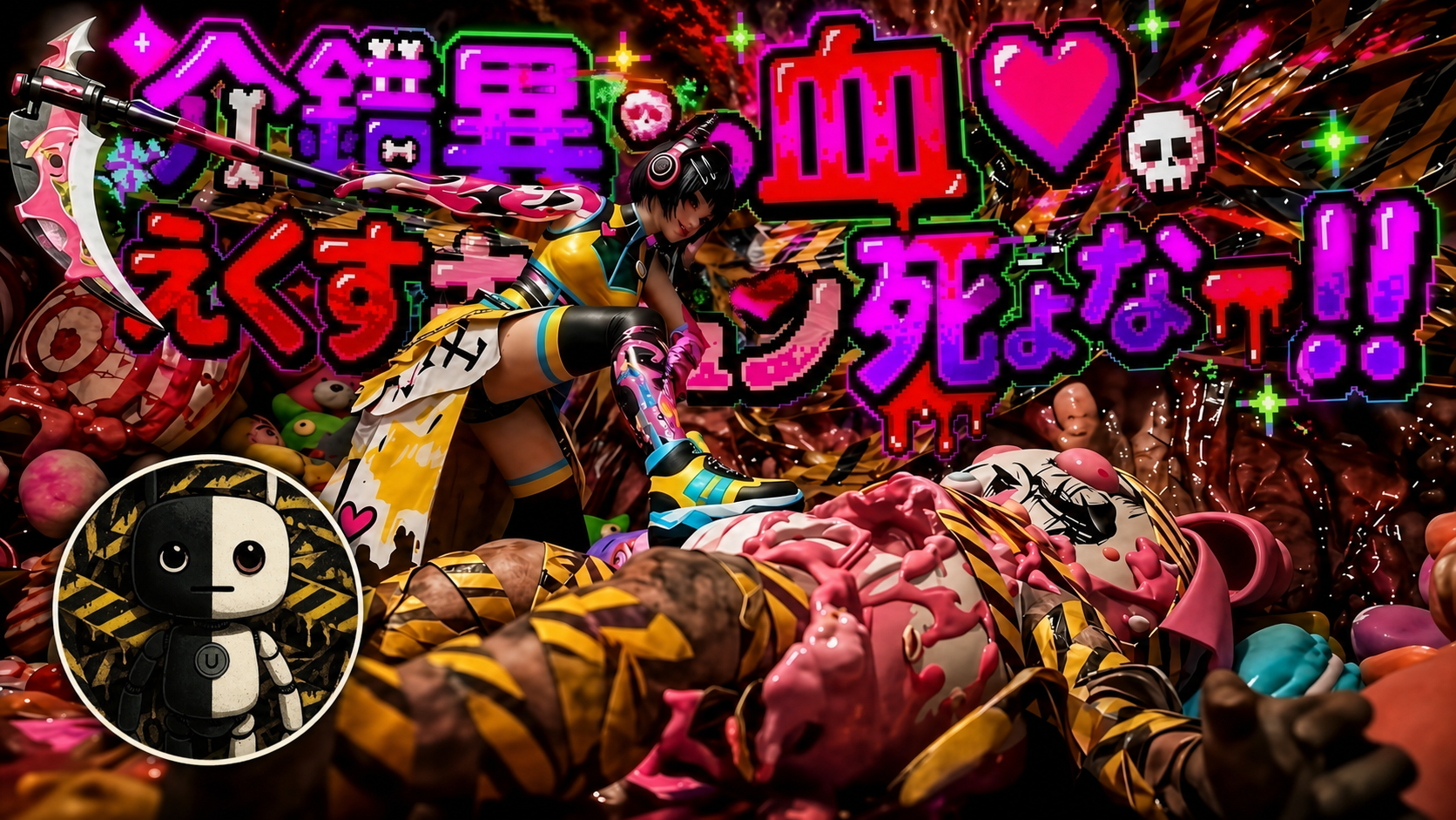介錯異っ血♡えくすキュン死ょなー！！の紹介サムネイル。MVビジュアルとUshizaruさんのアイコンを使用