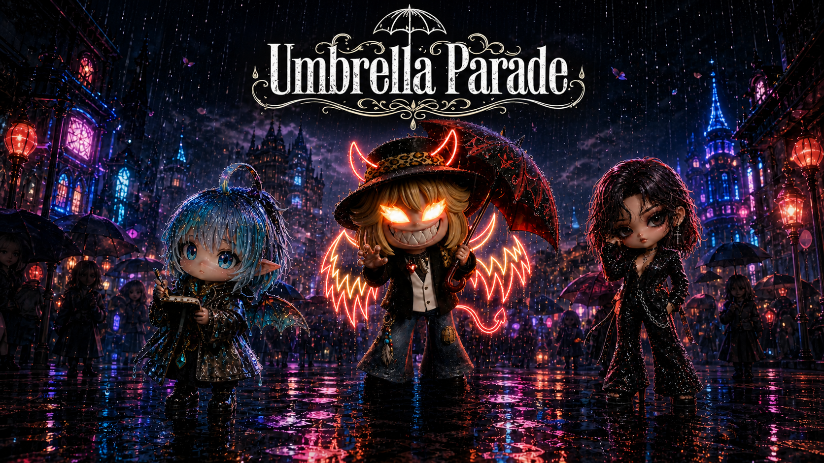 傘の下の君に告ぐ☂ (Remastered)の紹介サムネイル。Umbrella Paradeの3キャラクターと公式ロゴを使用